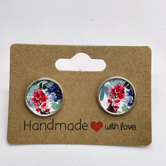 Red + Blue Flowers Circle Stud Earrings