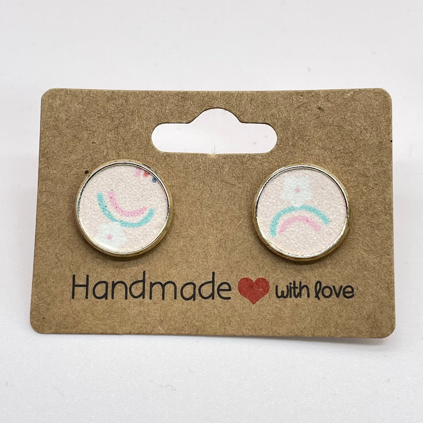 Light Pink Rainbow + Flower Circle Stud Earrings