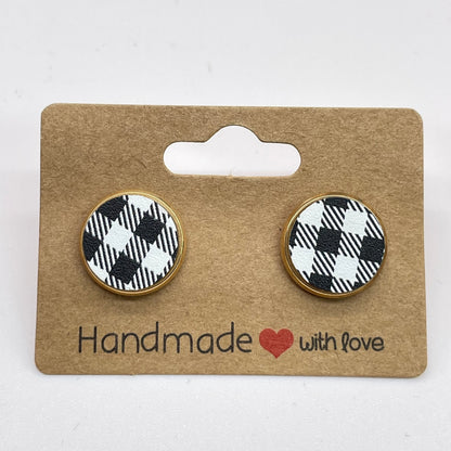 White Buffalo Plaid Circle Stud Earrings