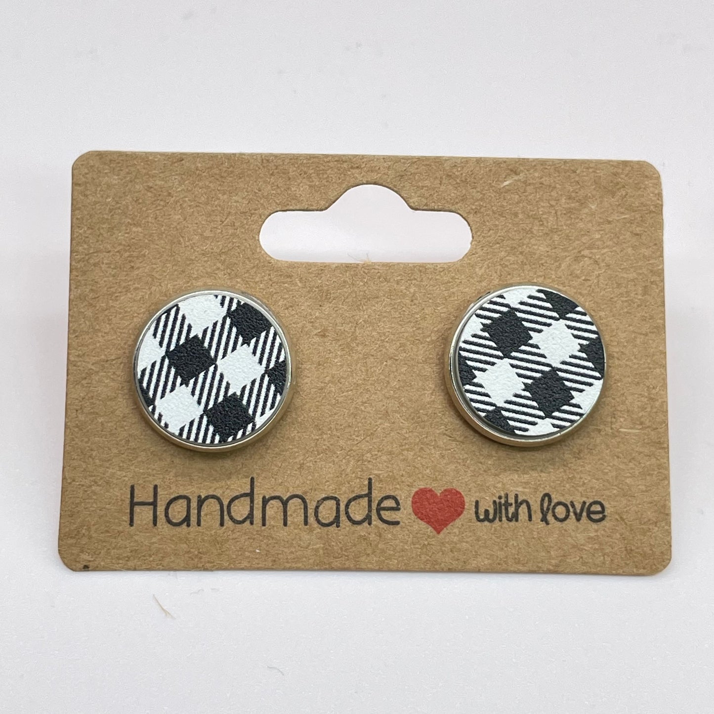 White Buffalo Plaid Circle Stud Earrings