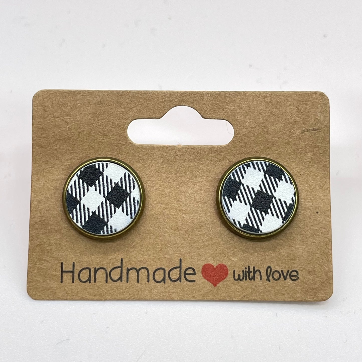 White Buffalo Plaid Circle Stud Earrings