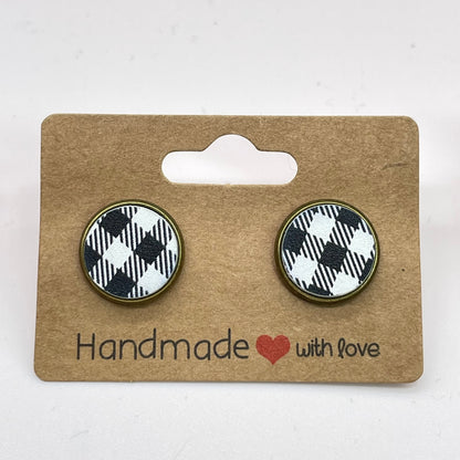 White Buffalo Plaid Circle Stud Earrings