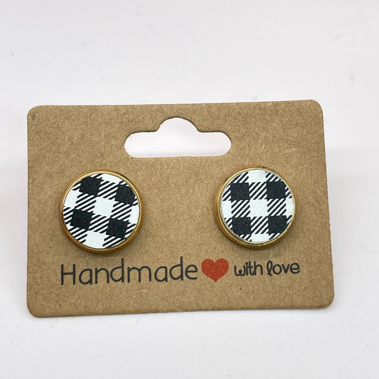 White Buffalo Plaid Circle Stud Earrings