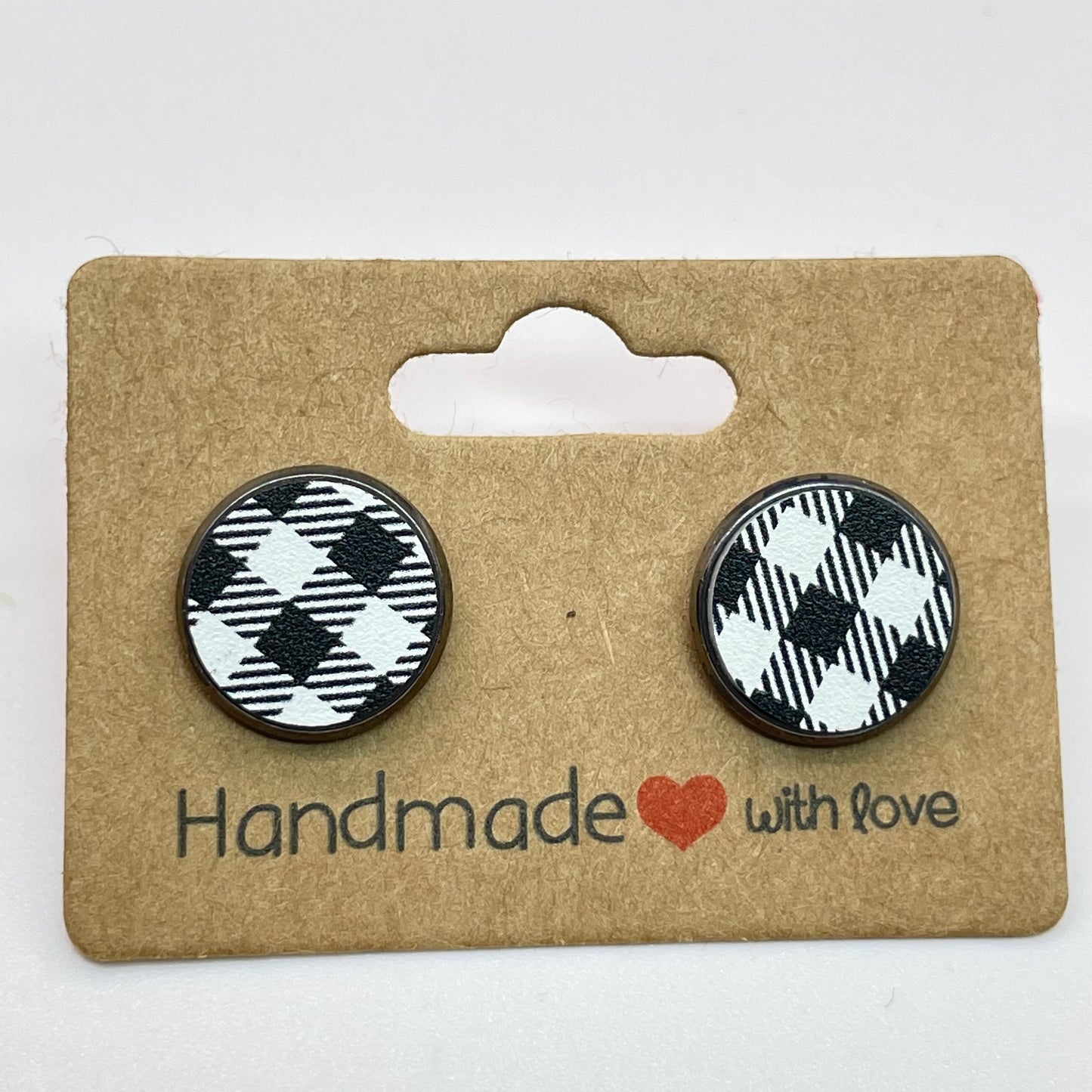 White Buffalo Plaid Circle Stud Earrings