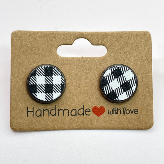 White Buffalo Plaid Circle Stud Earrings