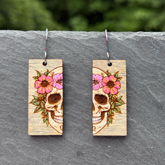 Skull Wearing Flowers Rectangle Drop Dangle Earrings