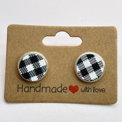 White Buffalo Plaid Circle Stud Earrings