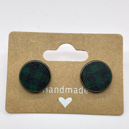 Green Buffalo Plaid Circle Stud Earrings