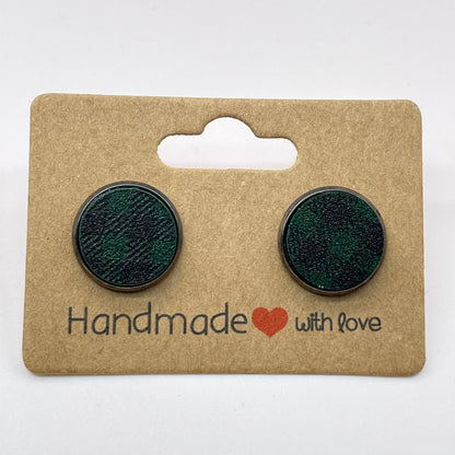 Green Buffalo Plaid Circle Stud Earrings