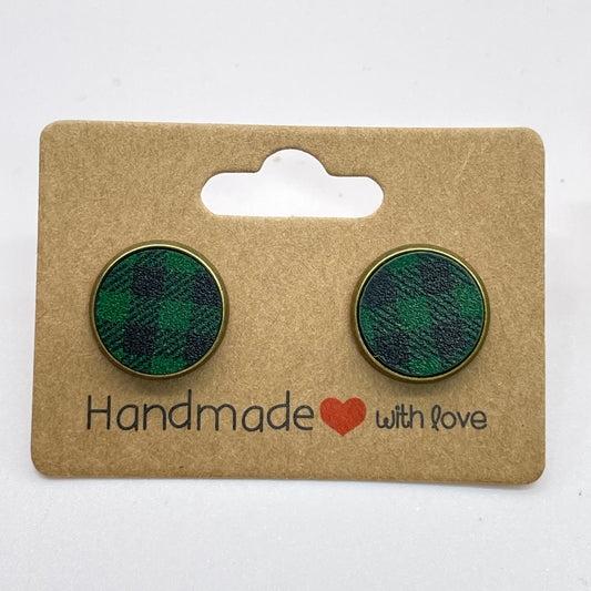 Green Buffalo Plaid Circle Stud Earrings