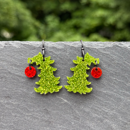 Bent Christmas Tree with Dangle Ball Acrylic Drop Dangle Earrings