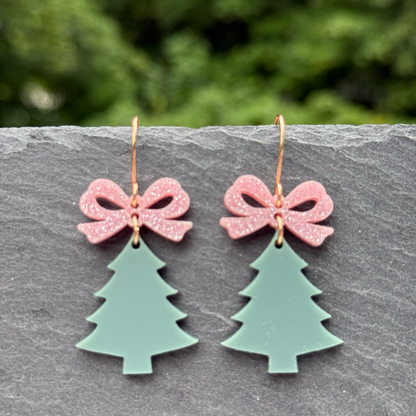 Tree with Bow Acrylic Drop Dangle Earrings