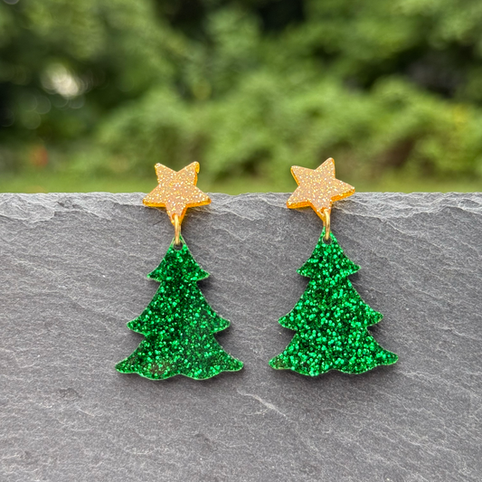 Tree with Star Acrylic Drop Dangle Earrings