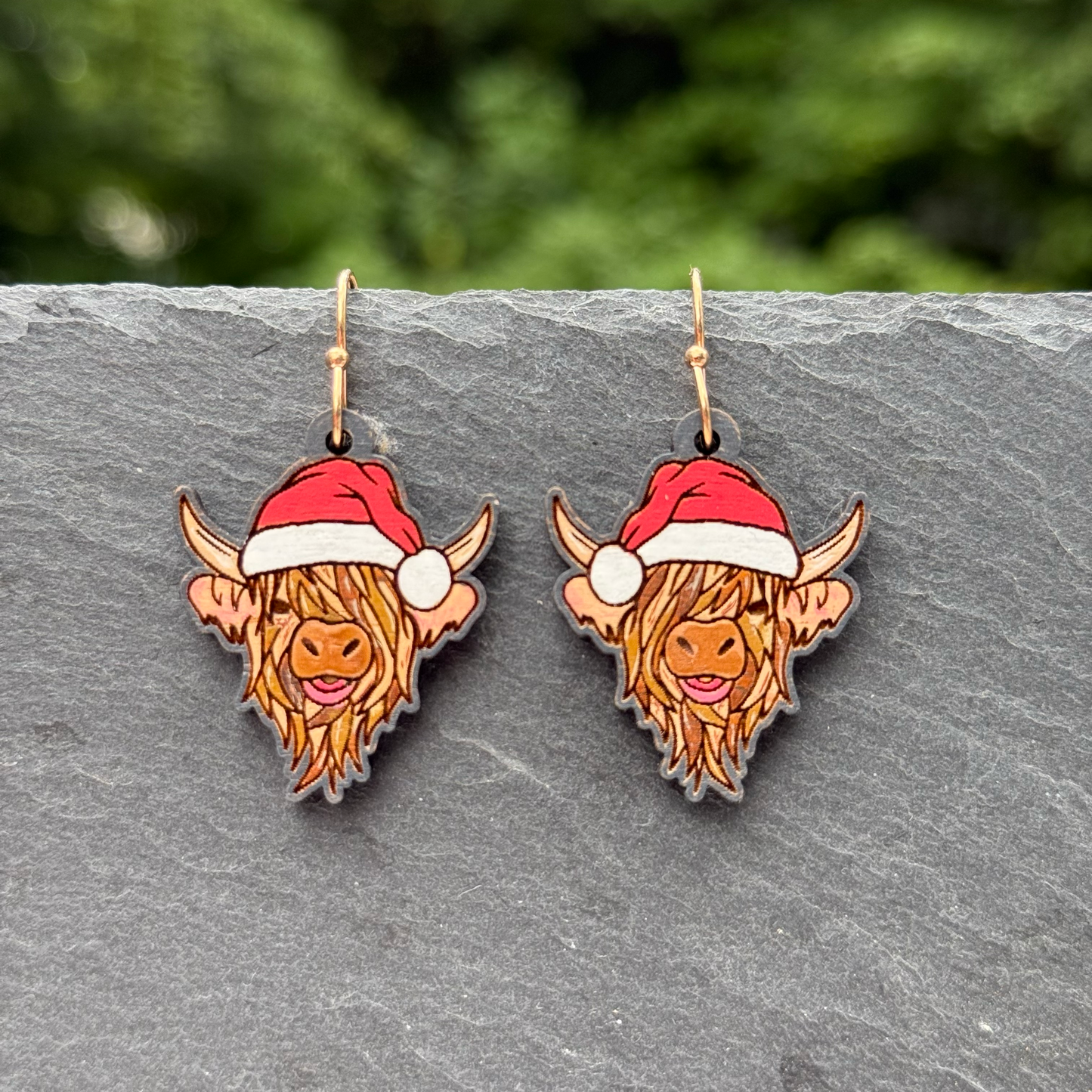 Highland Cow Santa Hat Drop Dangle Earrings