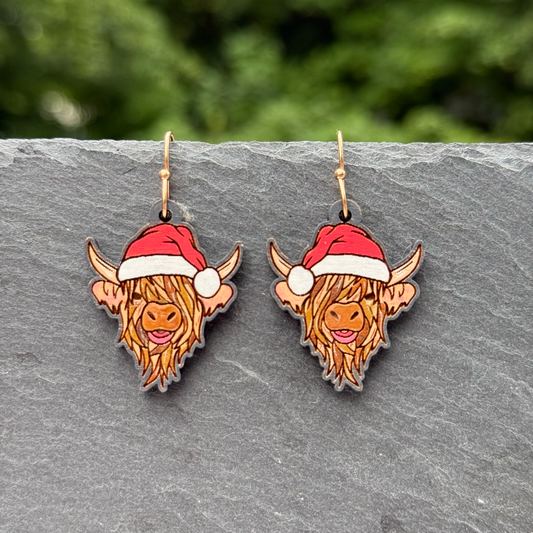 Highland Cow Santa Hat Drop Dangle Earrings