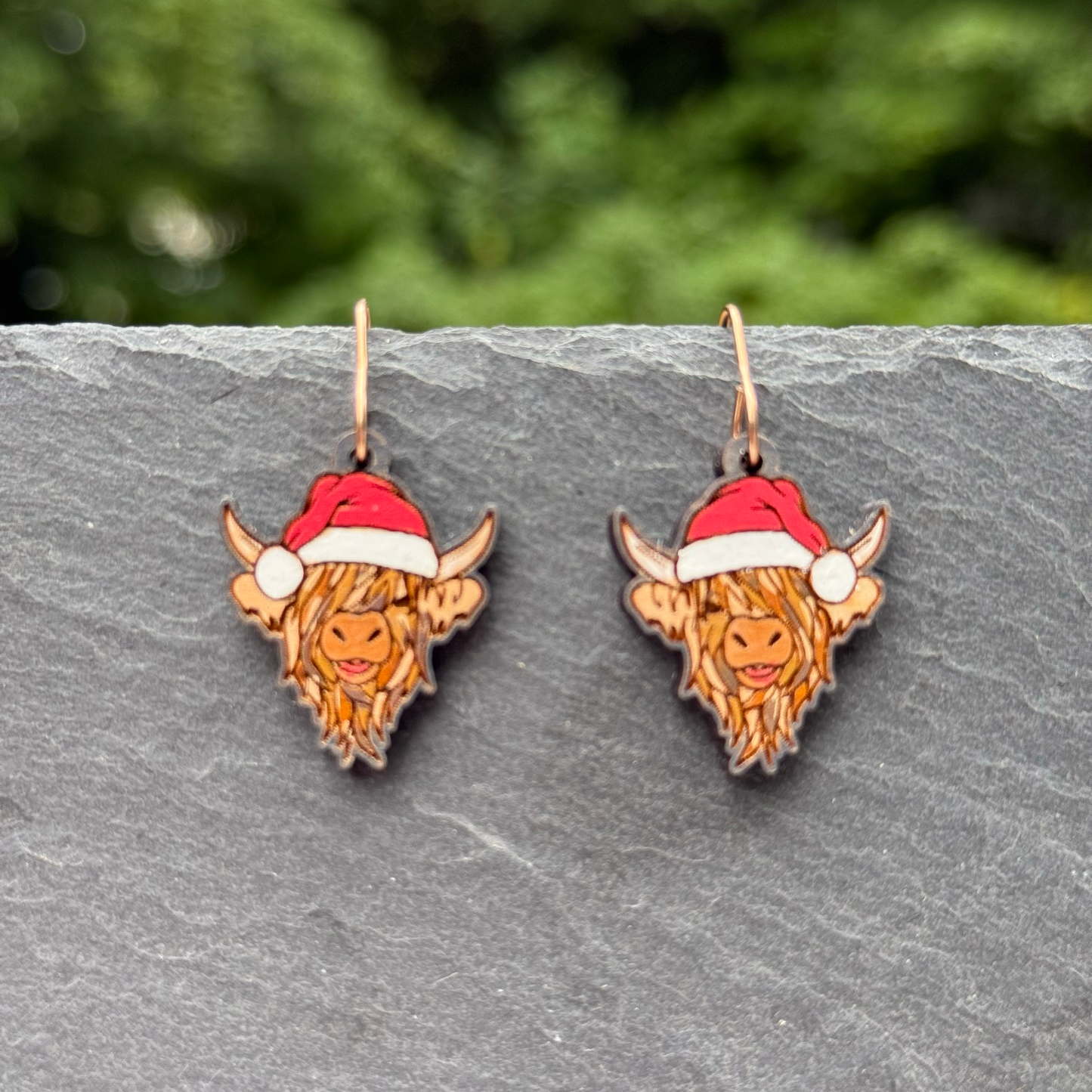 Highland Cow Santa Hat Drop Dangle Earrings
