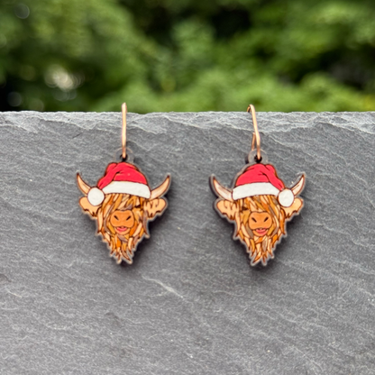 Highland Cow Santa Hat Drop Dangle Earrings