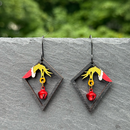 Grinch Hand Drop with Jingle Bell Diamond Dangle Earrings