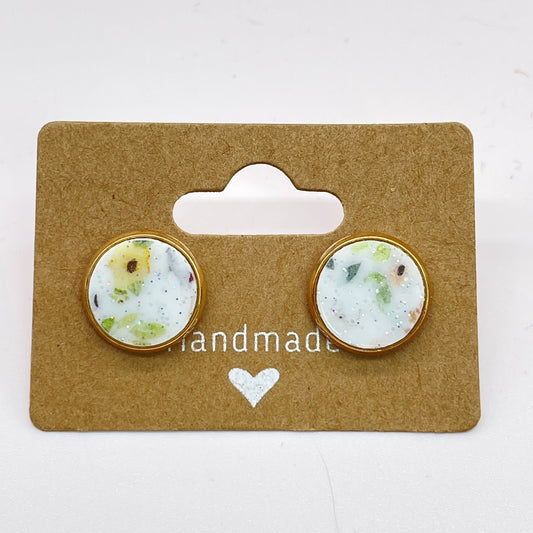 White Glitter Floral Circle Stud Earrings