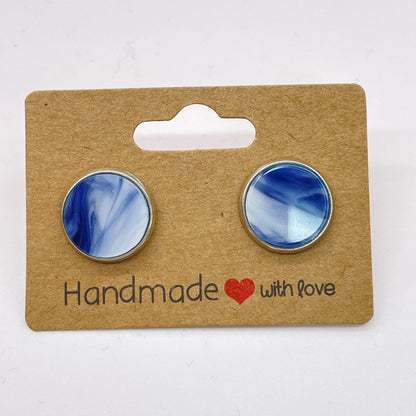 Blue Marble Circle Stud Earrings