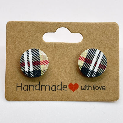 Black, Tan, Red + White Plaid Circle Stud Earrings