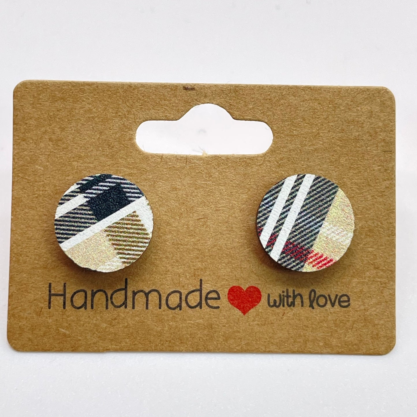 Black, Tan, Red + White Plaid Circle Stud Earrings