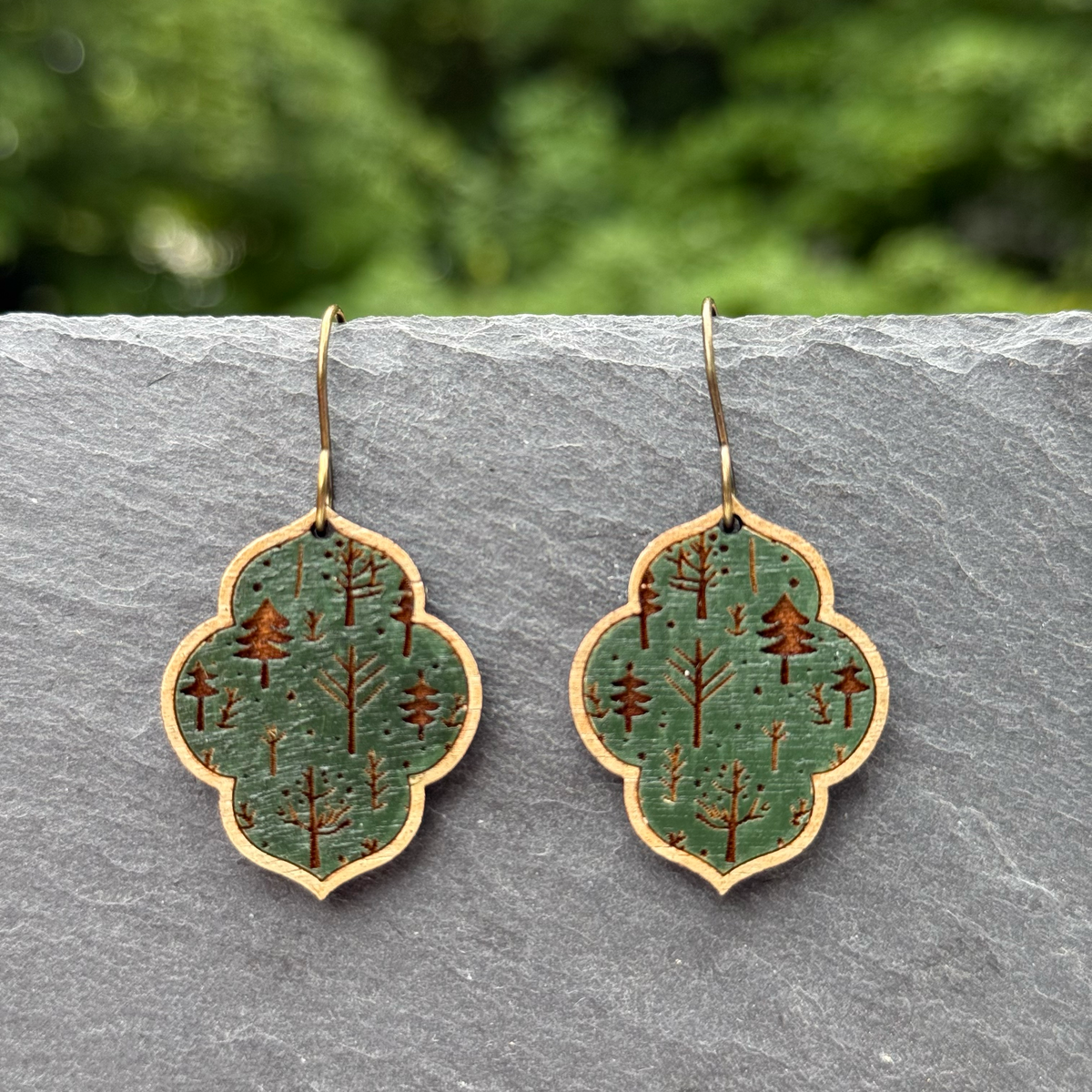 Engraved Trees on Ornate Frame Drop Dangle Earrings