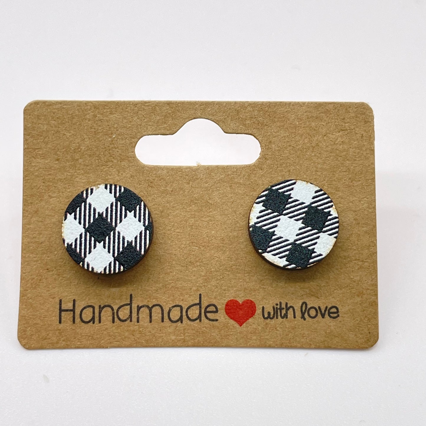 White Buffalo Plaid Circle Stud Earrings