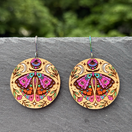 Moth Circle Drop Dangle Earrings