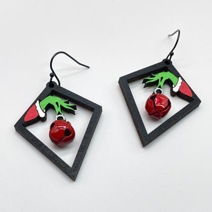 Grinch Hand Drop with Jingle Bell Diamond Dangle Earrings