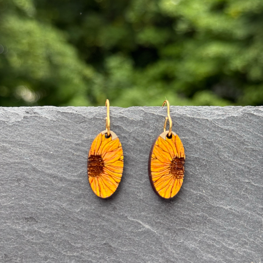 Tiny Sunflower Oval Drop Dangle Earrings