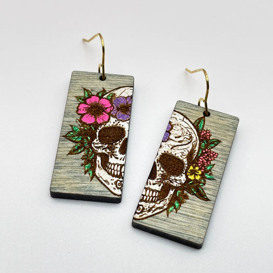 Skull Wearing Flowers Rectangle Drop Dangle Earrings