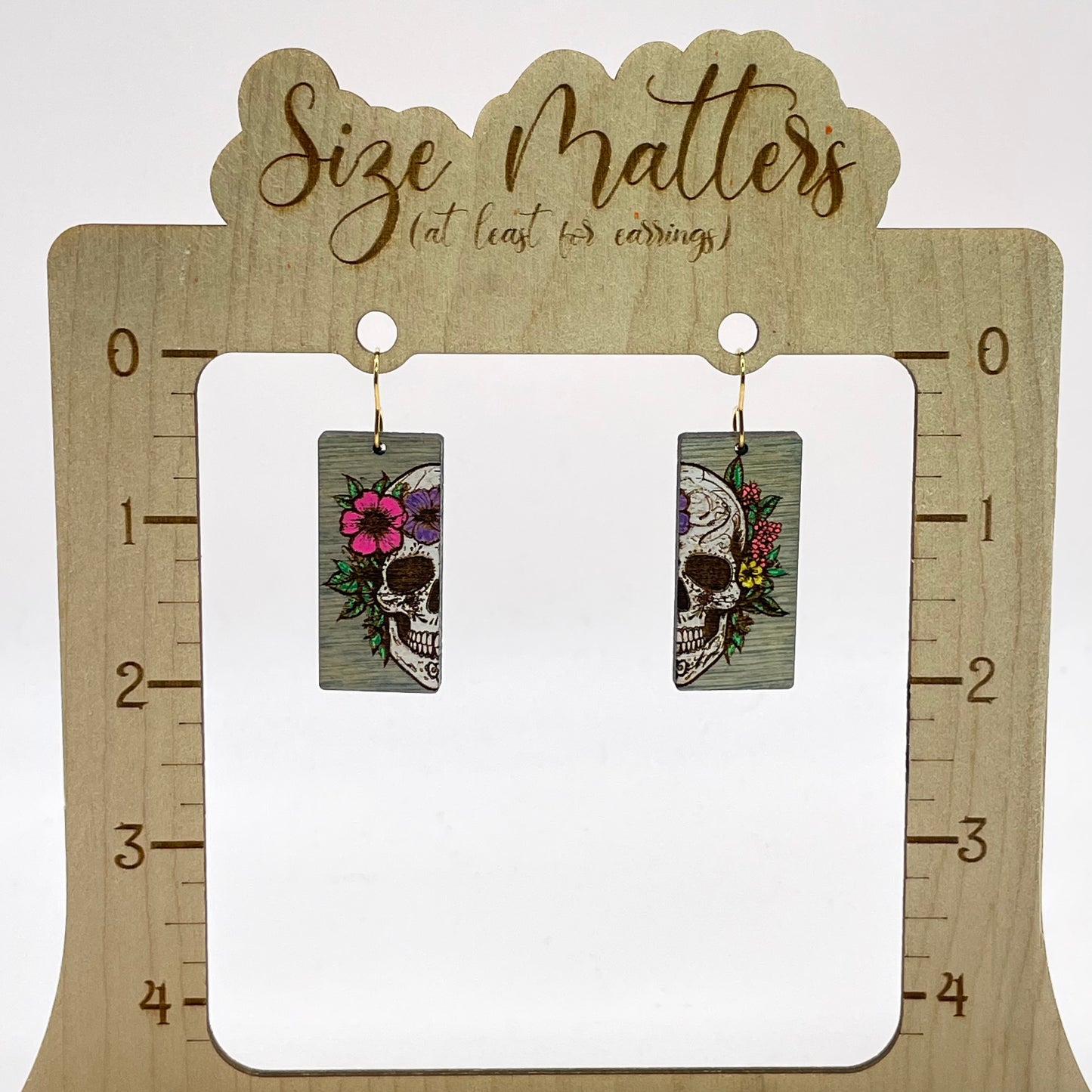 Skull Wearing Flowers Rectangle Drop Dangle Earrings