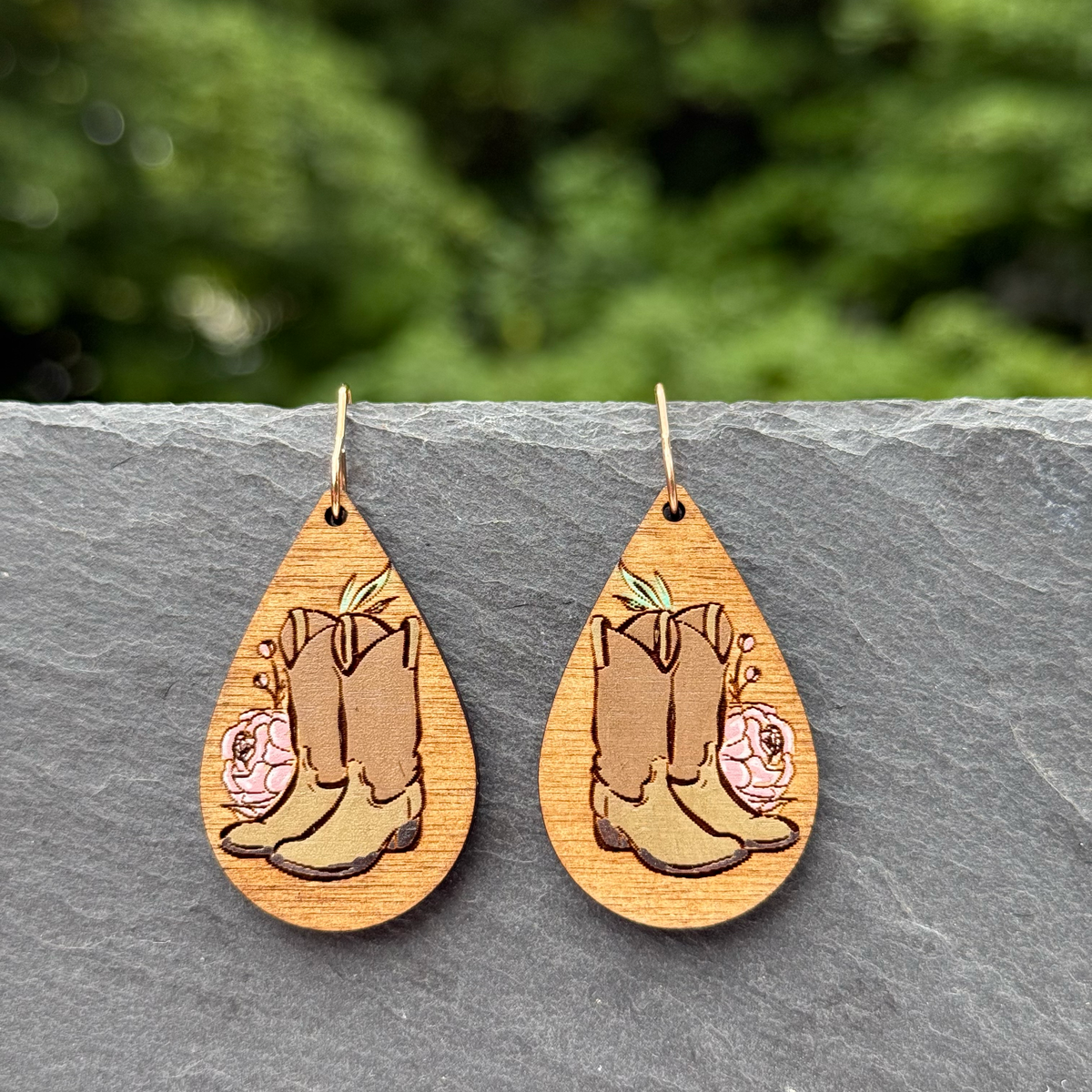 Cowboy Boots & Flowers Teardrop Dangle Earrings