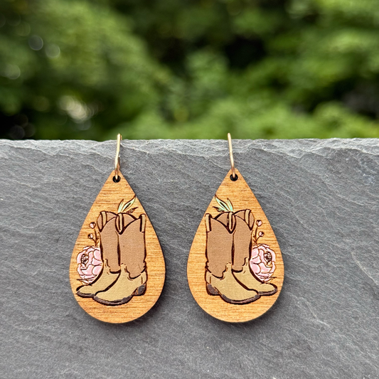 Cowboy Boots & Flowers Teardrop Dangle Earrings