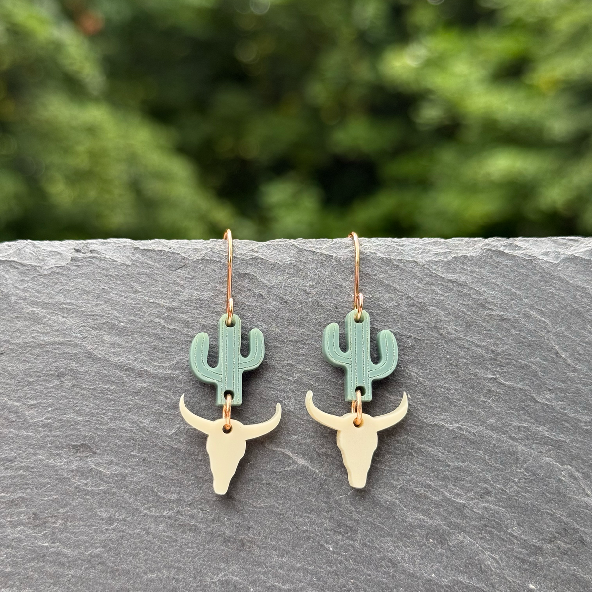 Cactus & Bull Skull Acrylic Drop Dangle Earrings