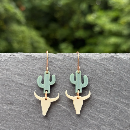 Cactus & Bull Skull Acrylic Drop Dangle Earrings