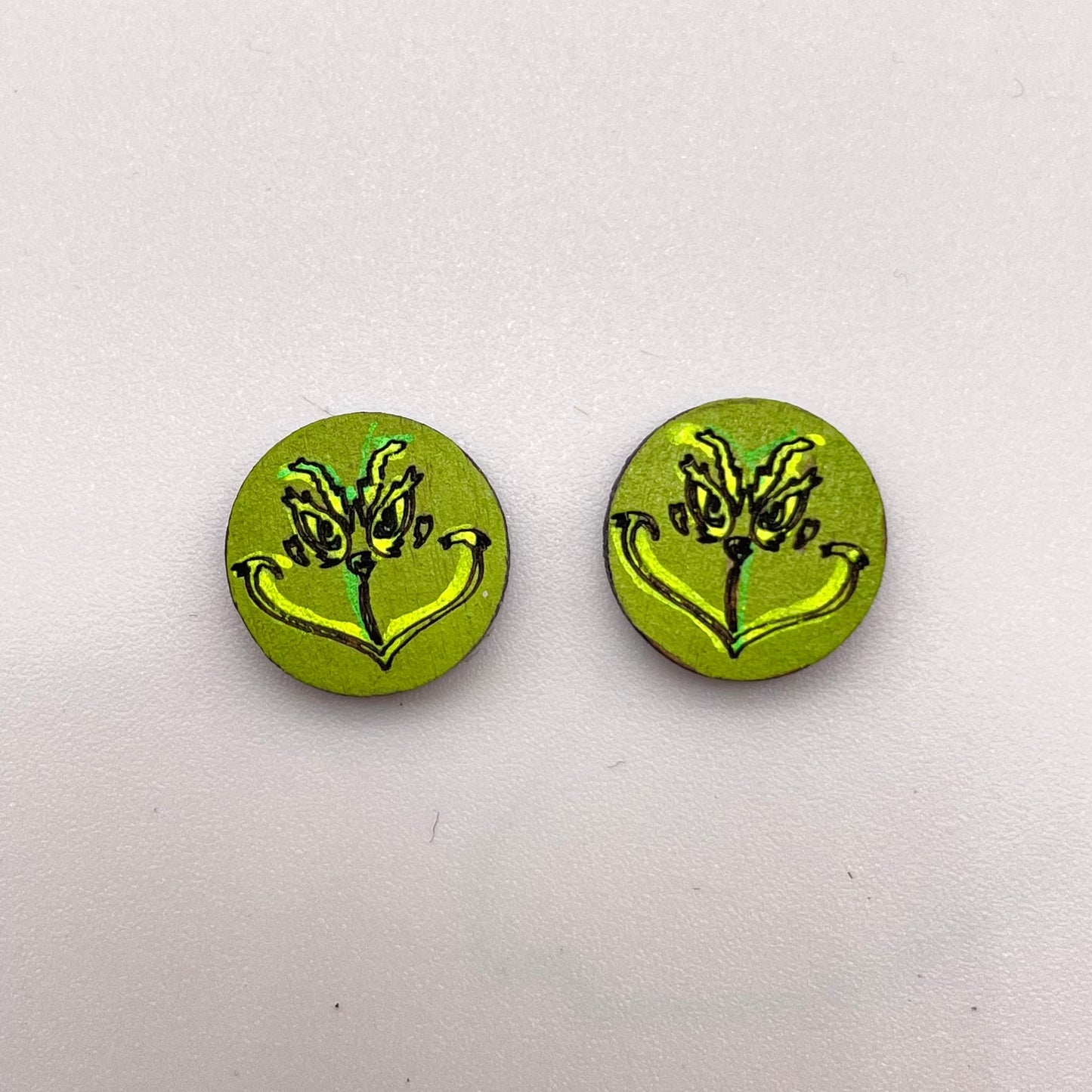 Round Grinch Face Stud Earrings