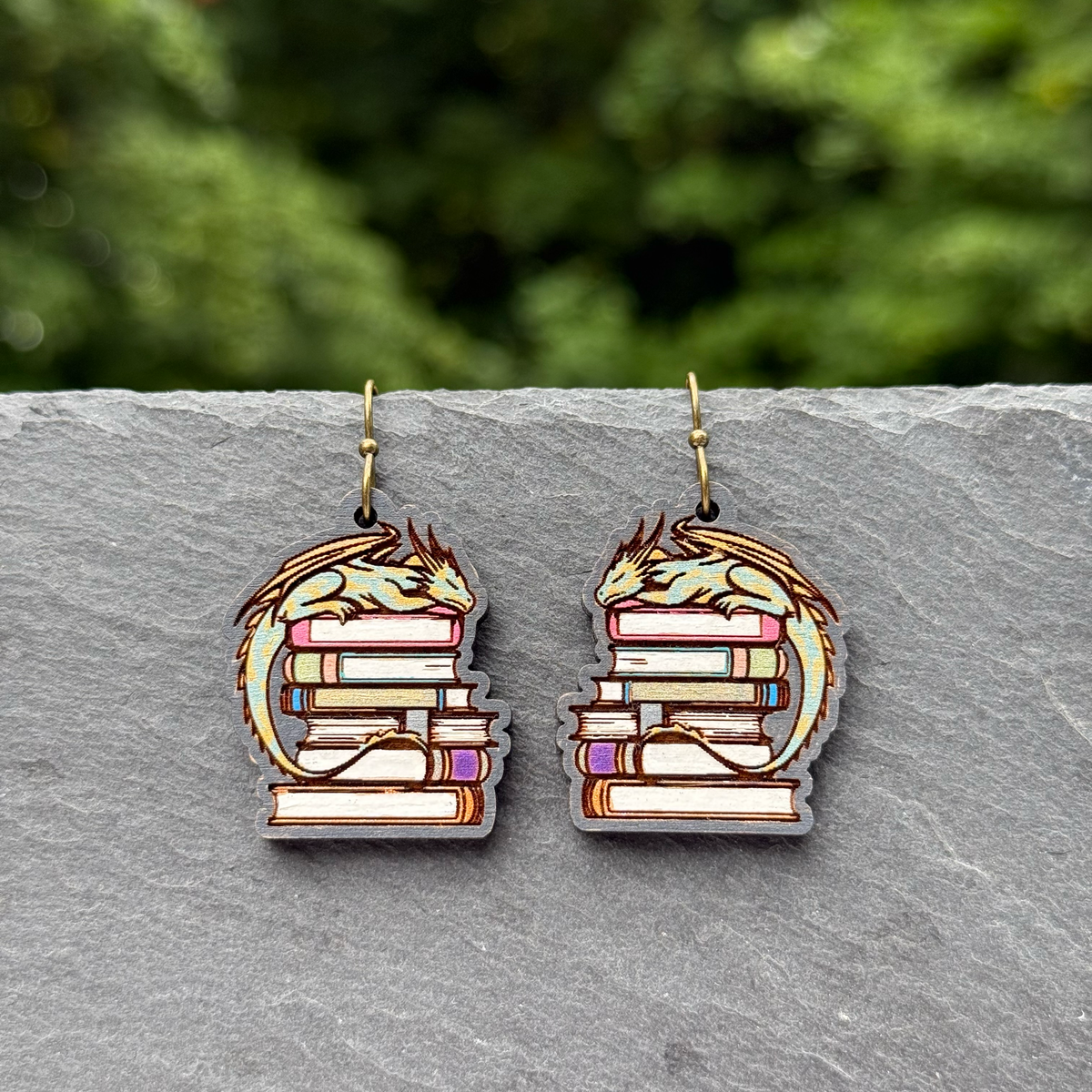 Dragon on Stack of Books Drop Dangle Earrings