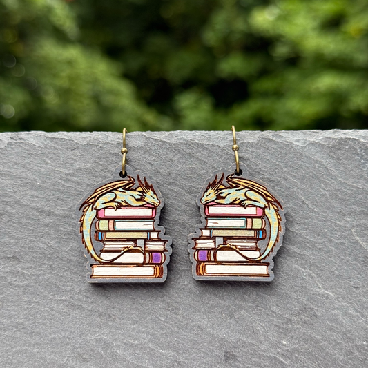 Dragon on Stack of Books Drop Dangle Earrings