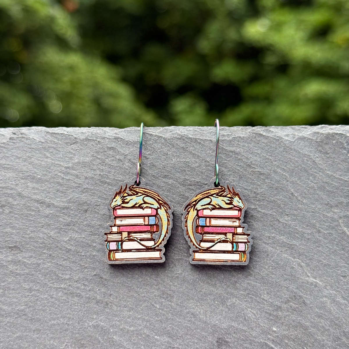 Dragon on Stack of Books Drop Dangle Earrings