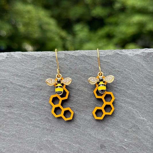 Honeycomb & Bee Charm Drop Dangle Earrings