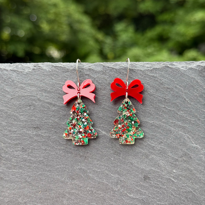 Tree with Bow Acrylic Drop Dangle Earrings