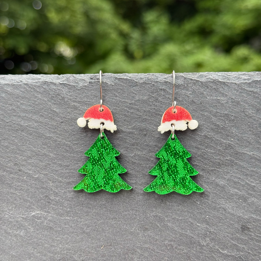 Tree with Santa Hat Acrylic Drop Dangle Earrings