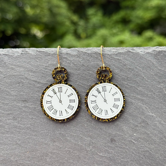 NYE Clock Acrylic Drop Dangle Earrings