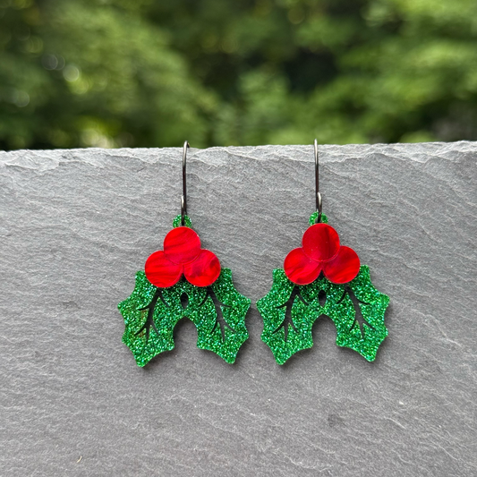 Acrylic Holly Leaves & Berries Drop Dangle Earrings