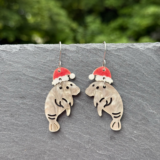 Santa-tee (Manatee) with Santa Hat Acrylic Drop Dangle Earrings