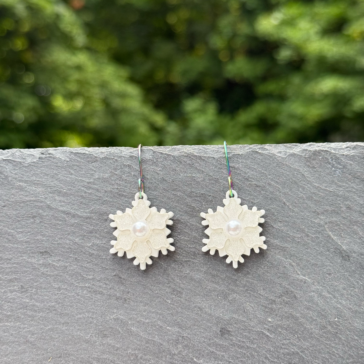 Snowflake with Pearl Acrylic Drop Dangle Earrings
