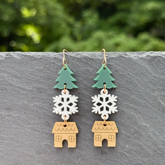 Christmas Tree, Snowflake & Gingerbread House Acrylic Drop Dangle Earrings