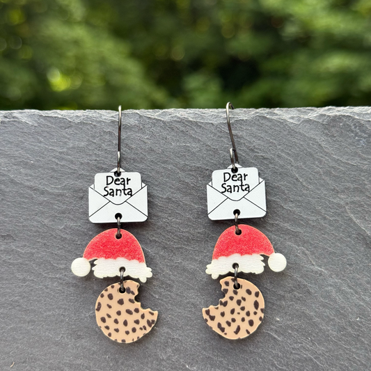 Dear Santa (Hat & Cookie) Trio Acrylic Drop Dangle Earrings